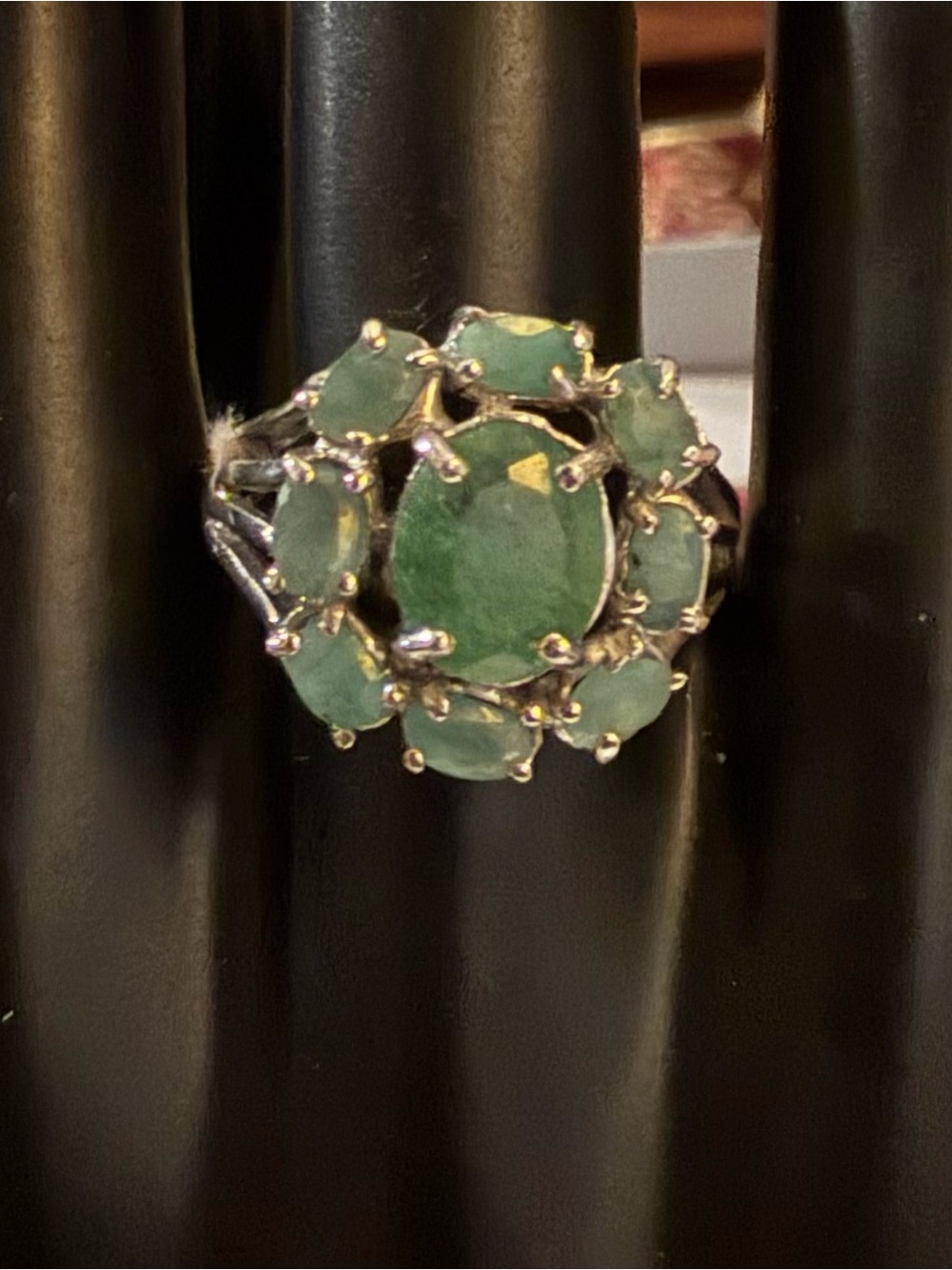 Solid 925 Silver Round Shape Ring, Natural Emerald . Sz 10